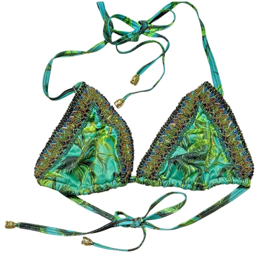 Lateen Triangle Beaded String Bikini Top Large Green Embellished Luxury Swimwear